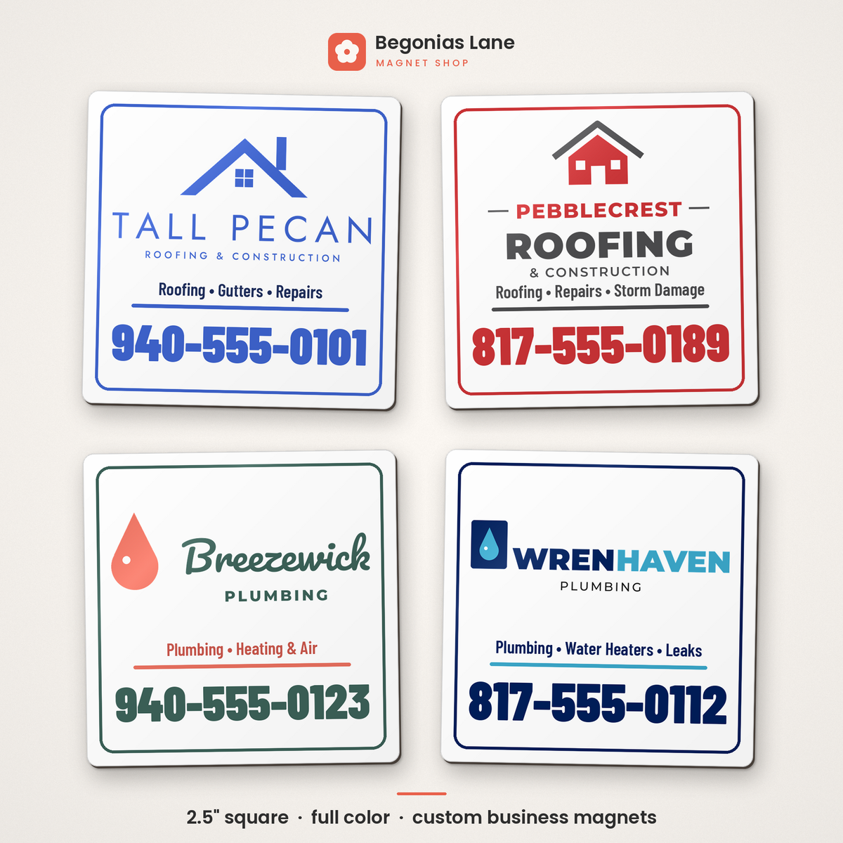 Custom 2.5 inch square business magnets by Begonias Lane Magnet Shop