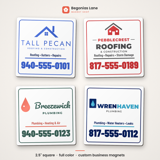 Custom 2.5 inch square business magnets by Begonias Lane Magnet Shop
